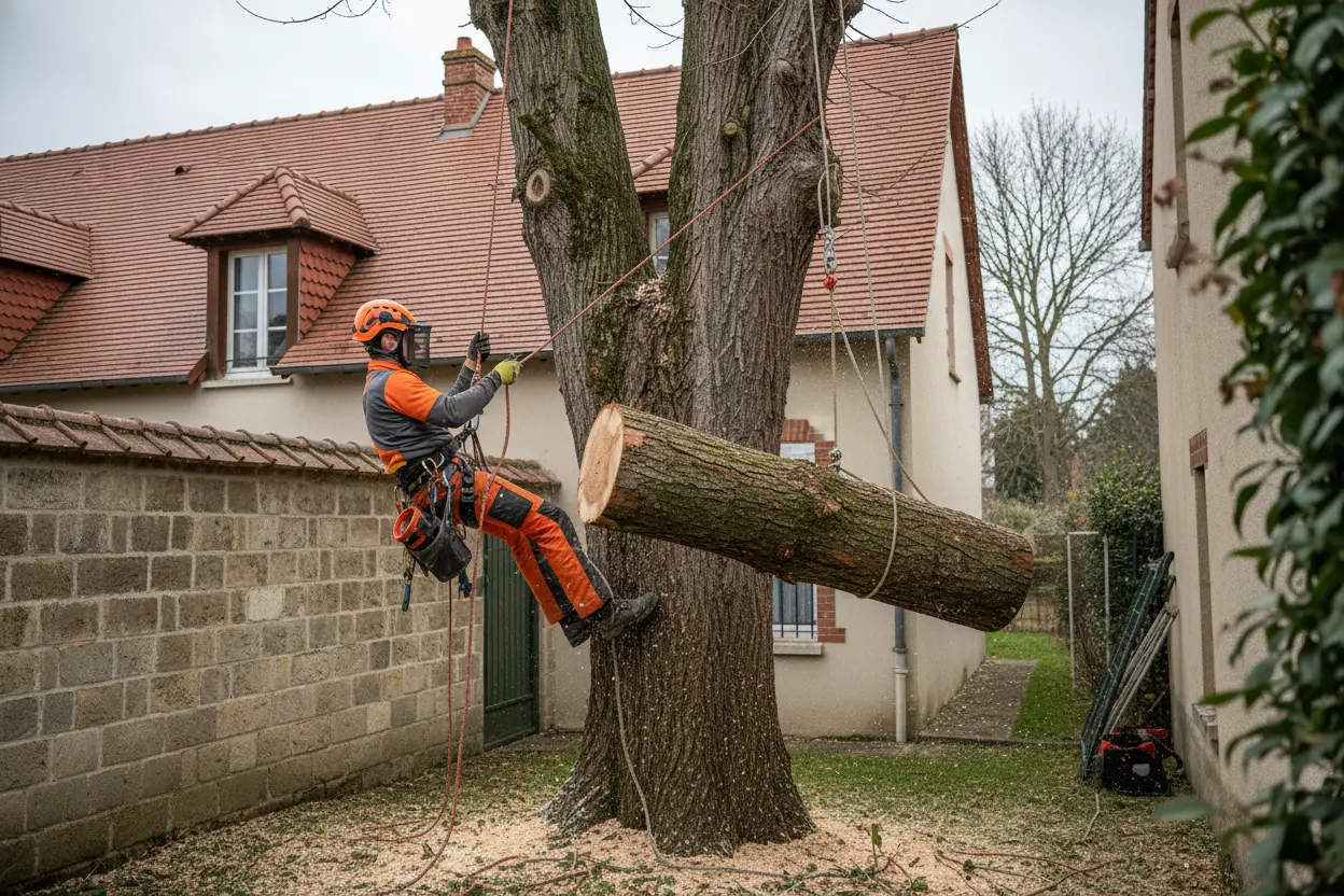 Démontage par sections d'un arbre dangereux avec cordes à Troyes