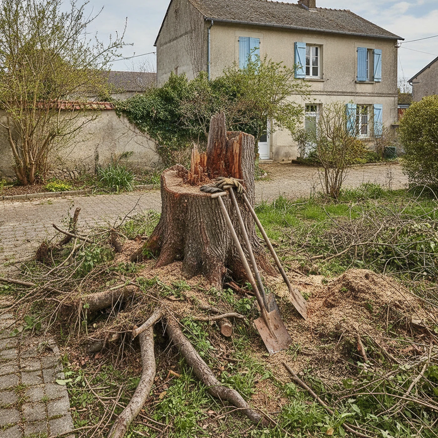 Souche gênante avant rognage dans un jardin à Pont-Sainte-Marie