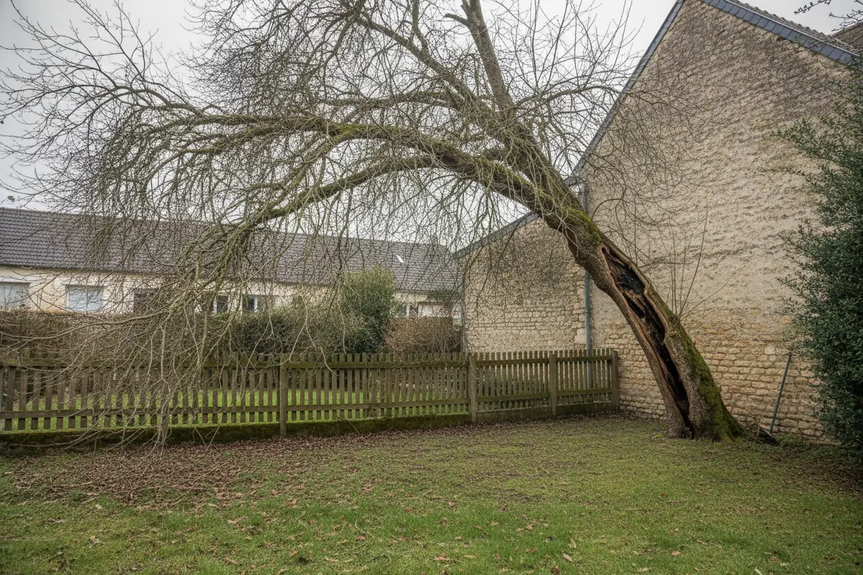 Frêne mort penché au-dessus d'une clôture dans un jardin des Chartreux à Troyes