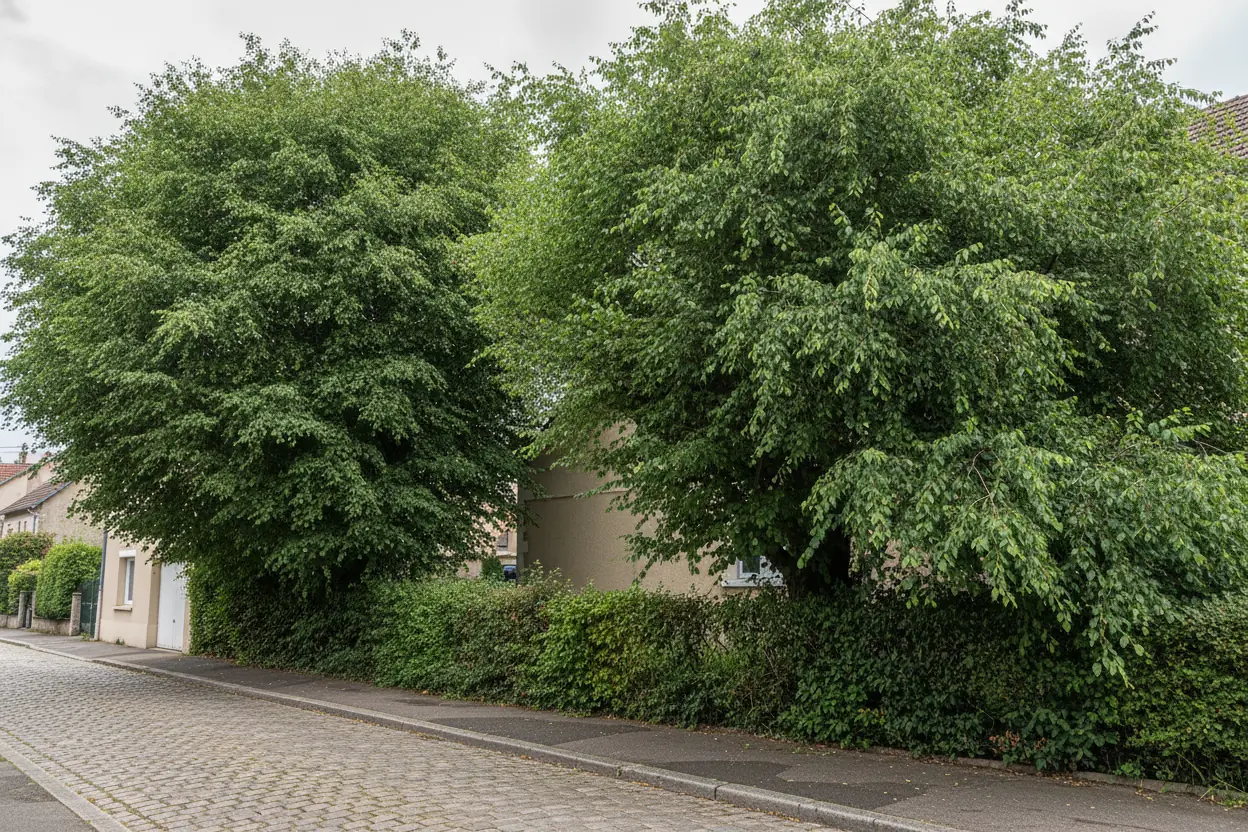 Tilleuls denses avant taille en bordure de jardin aux Sénardes à Troyes