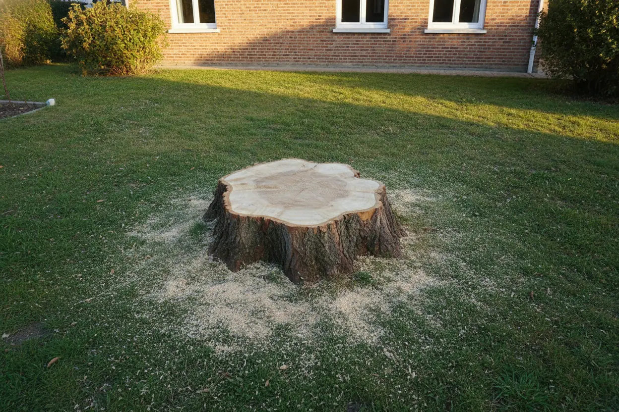 Souche de peuplier laissée après abattage dans un jardin pavillonnaire au Point du Jour à Troyes