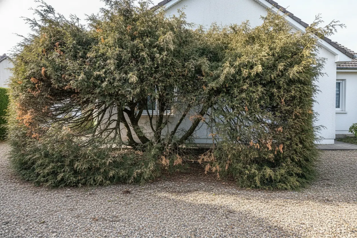 Haie de thuyas débordante et irrégulière devant un pavillon des Marots à Troyes