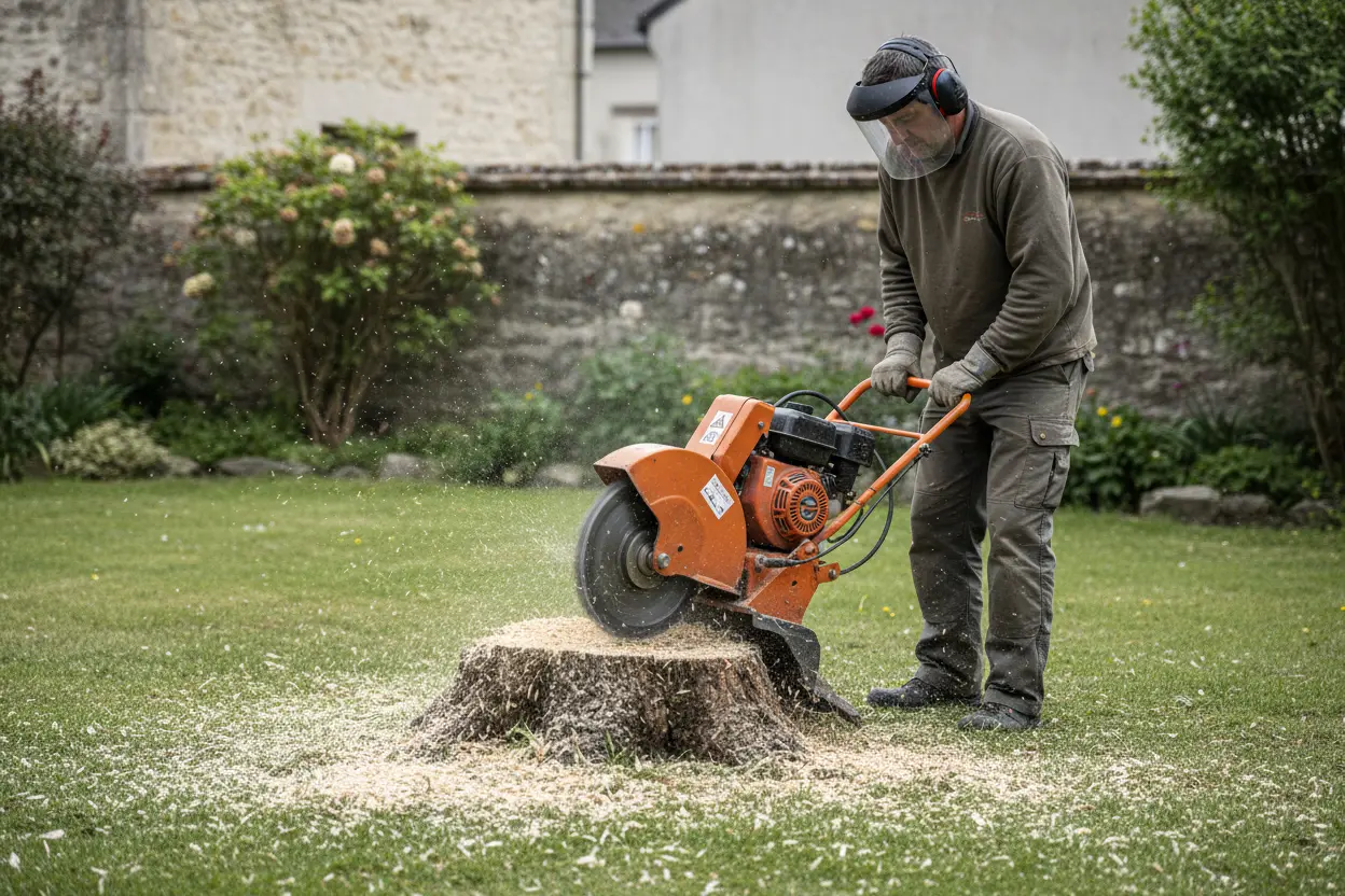 Rognage d'une souche d'arbre à la rogneuse dans un jardin troyen