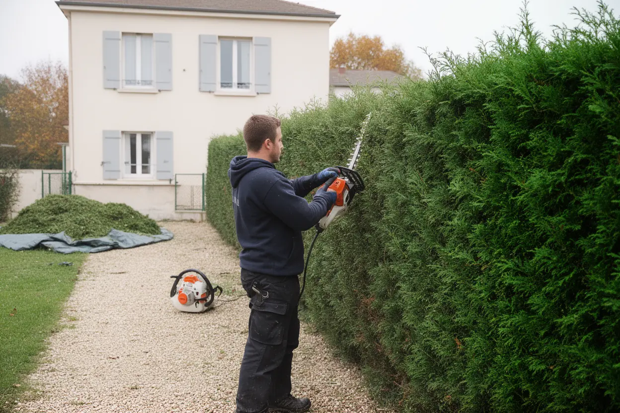 Taille d'une haie mitoyenne dans un quartier pavillonnaire de Troyes
